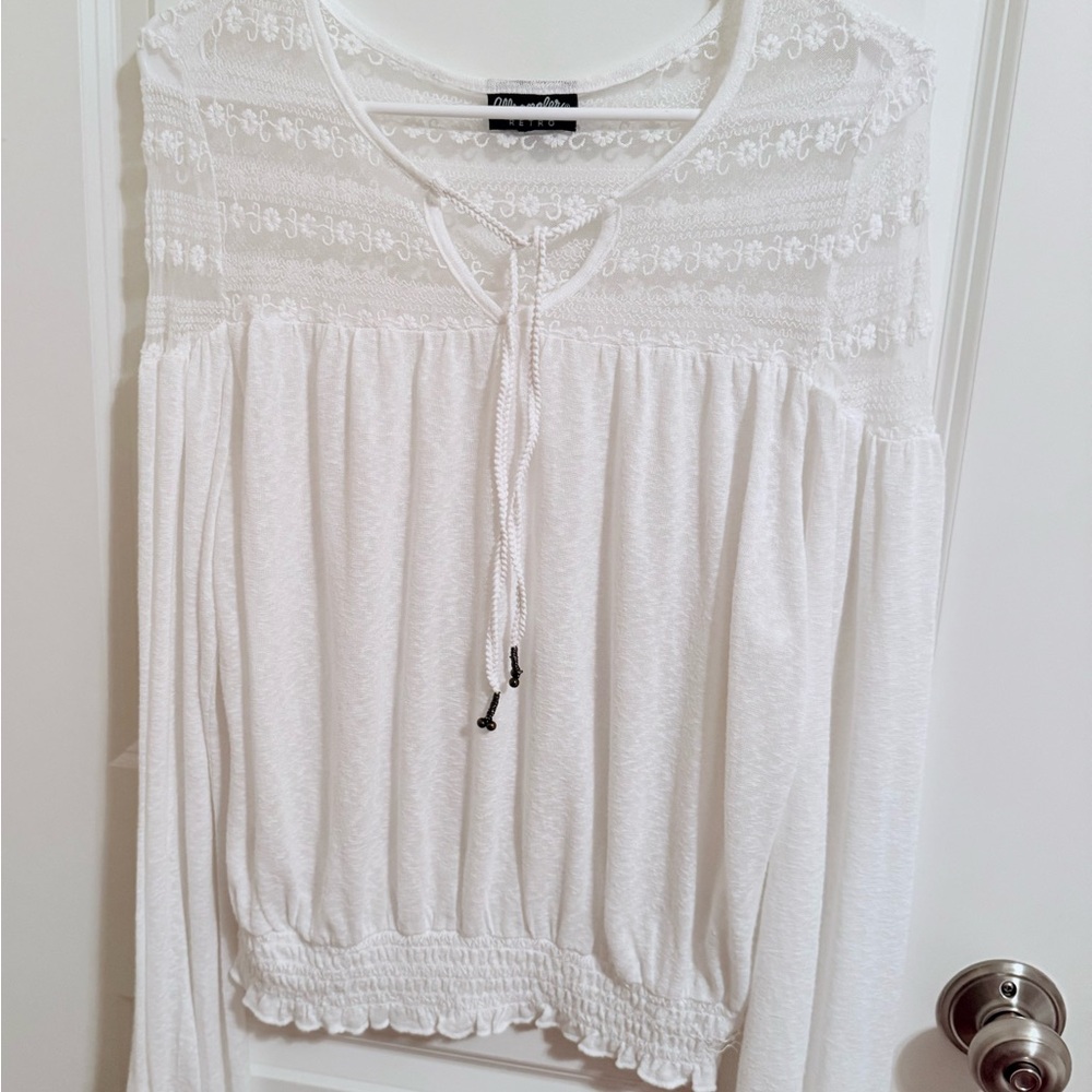 Vintage Inspired Wrangler Retro White Boho Lace Peasant Blouse - Size L -